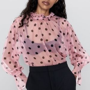 Nwt Zara Sheer Pink And Black Polka Dot 